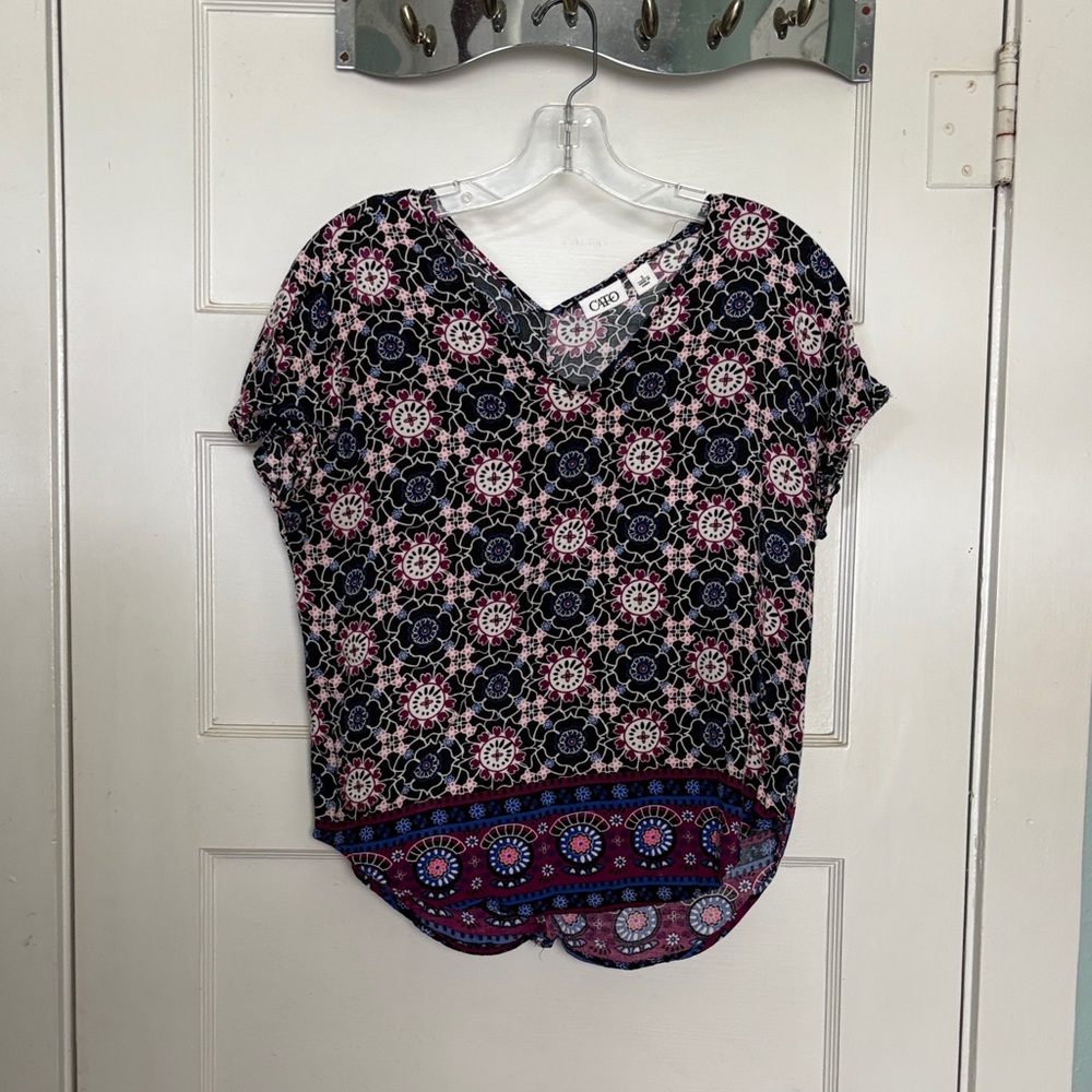 Cato Black Medallion V-Neck Blouse with Pink & Purple Accents Size S